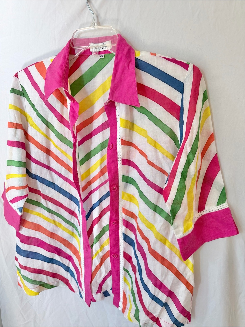Rainbow Stripe Linen Button Blouse Pink Trim Size 42 Large
